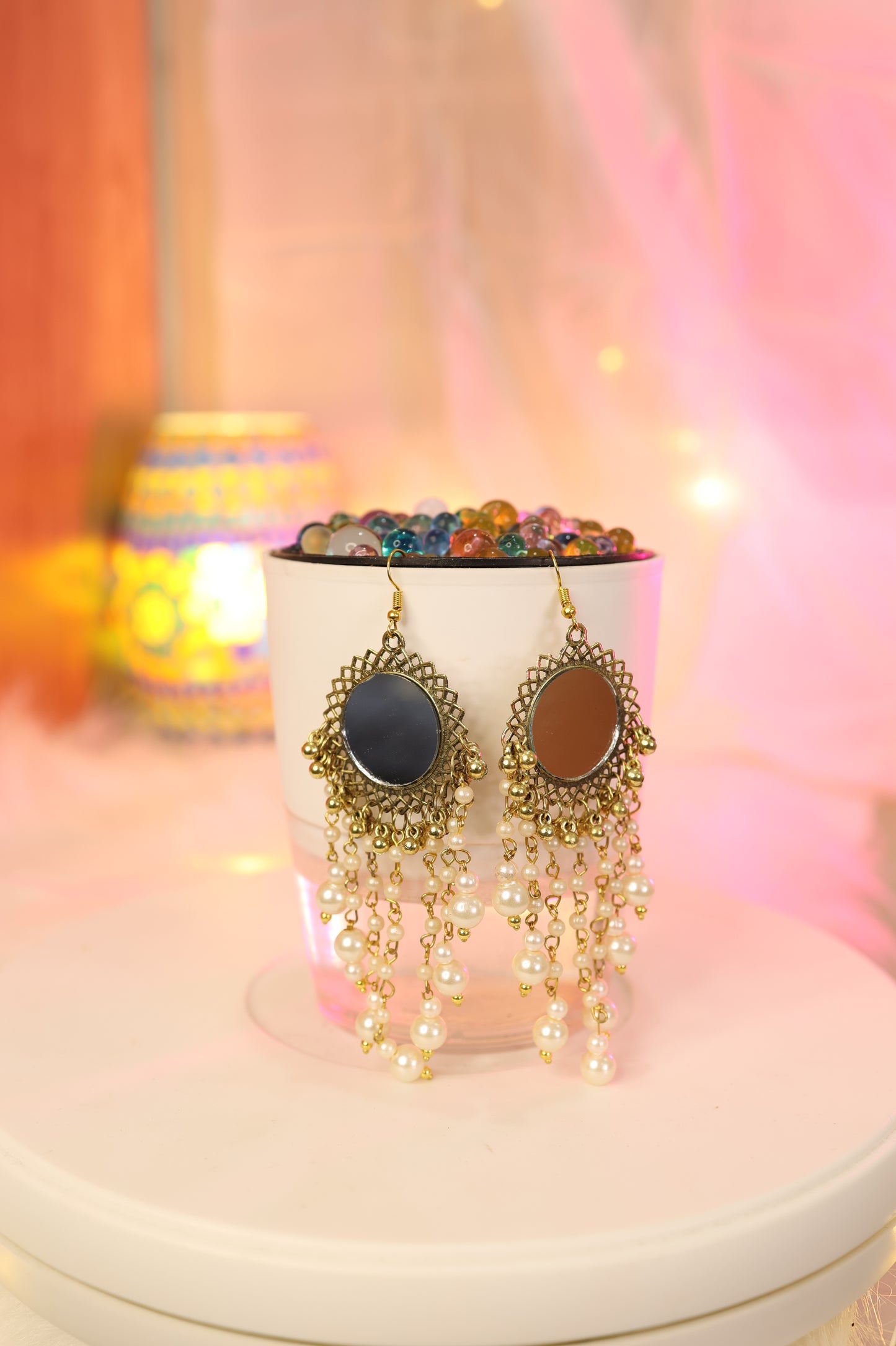 AI001 - Gold plated oxidised mirror with pearl earring