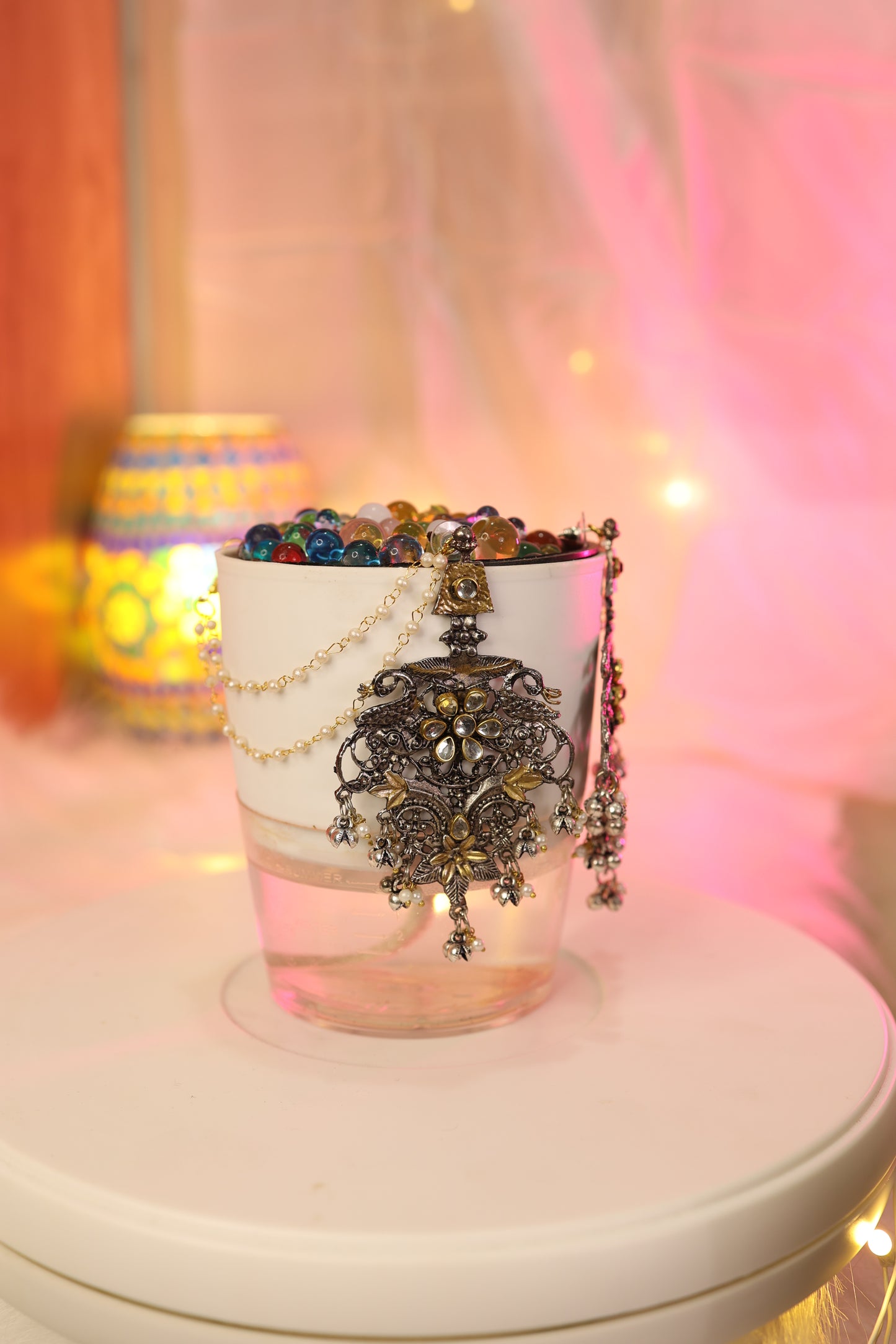 AI021- Dual Tone Oxidised Kundan Earring with Detachable Pearl Earring Chain