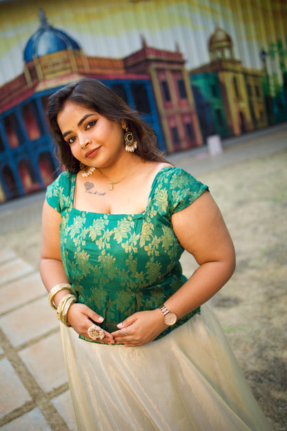 Veda - Green Brocade Peplum Top and Skirt Set