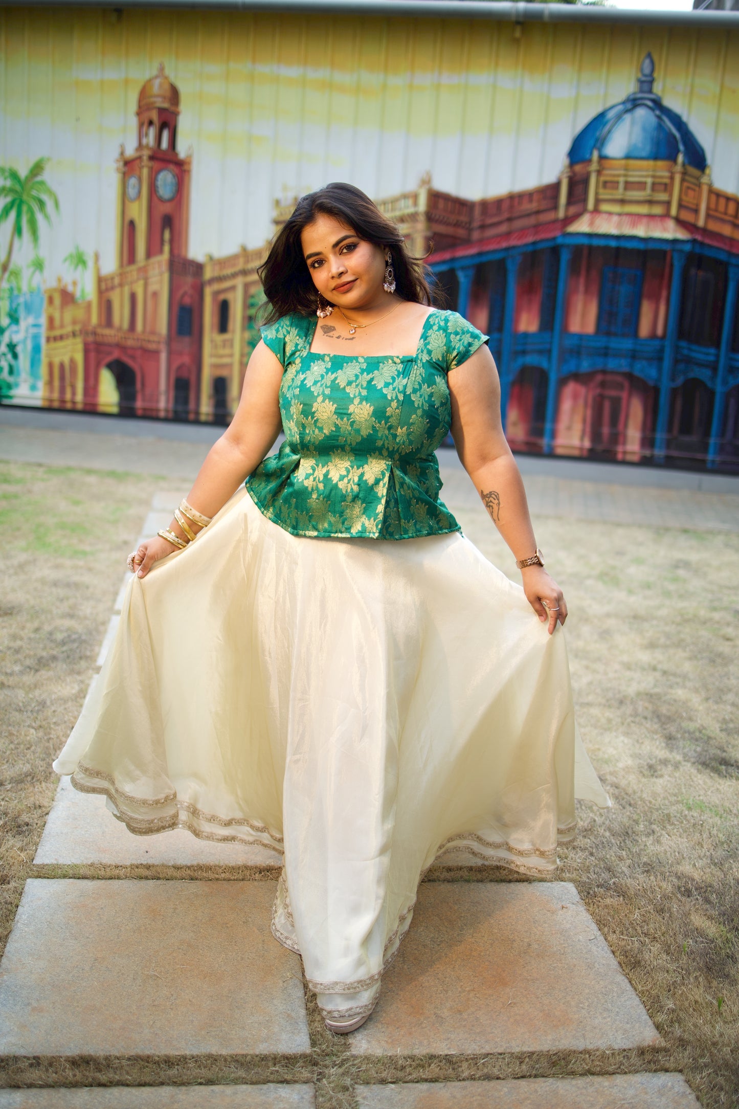 Veda - Green Brocade Peplum Top and Skirt Set