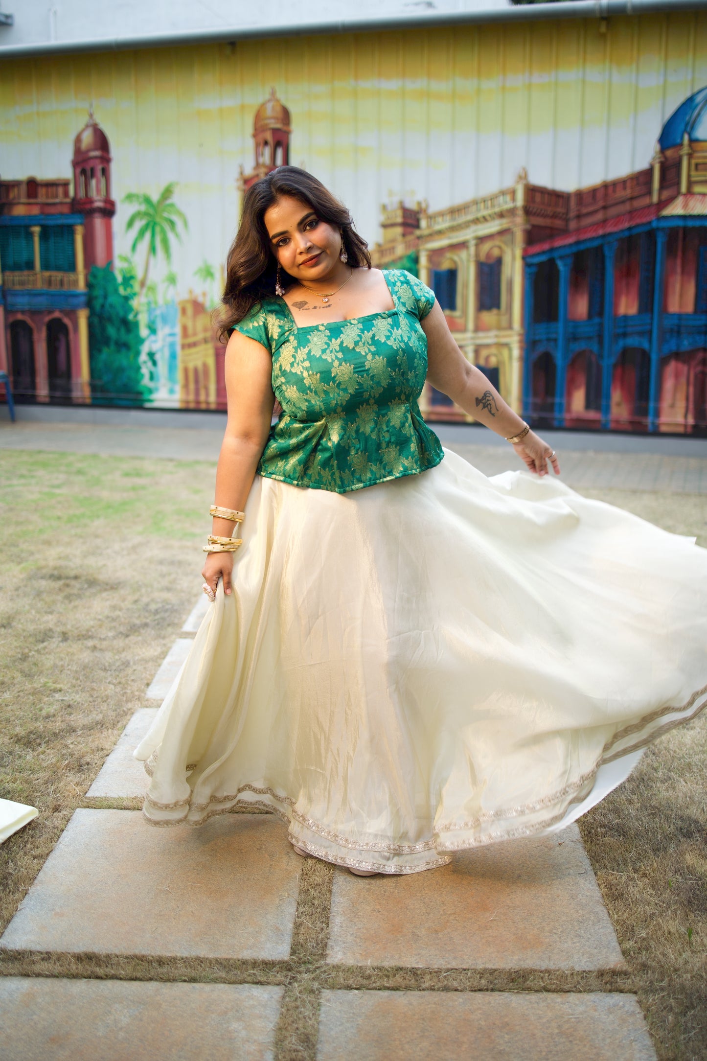 Veda - Green Brocade Peplum Top and Skirt Set