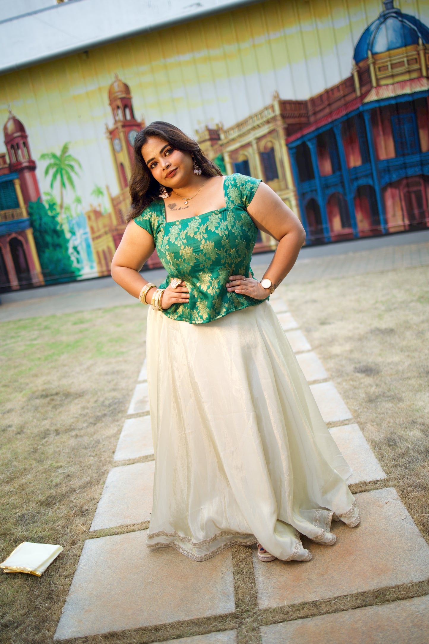 Veda - Green Brocade Peplum Top and Skirt Set