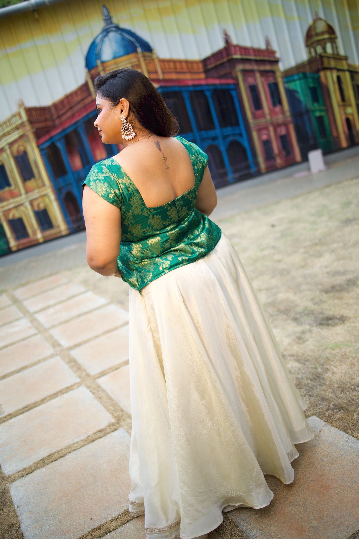 Veda - Green Brocade Peplum Top and Skirt Set