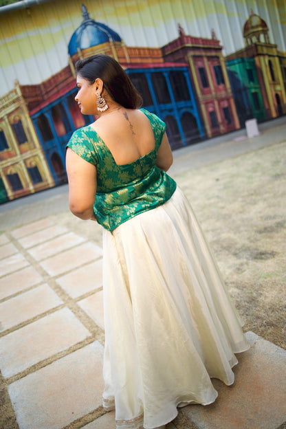 Veda - Green Brocade Peplum Top and Skirt Set