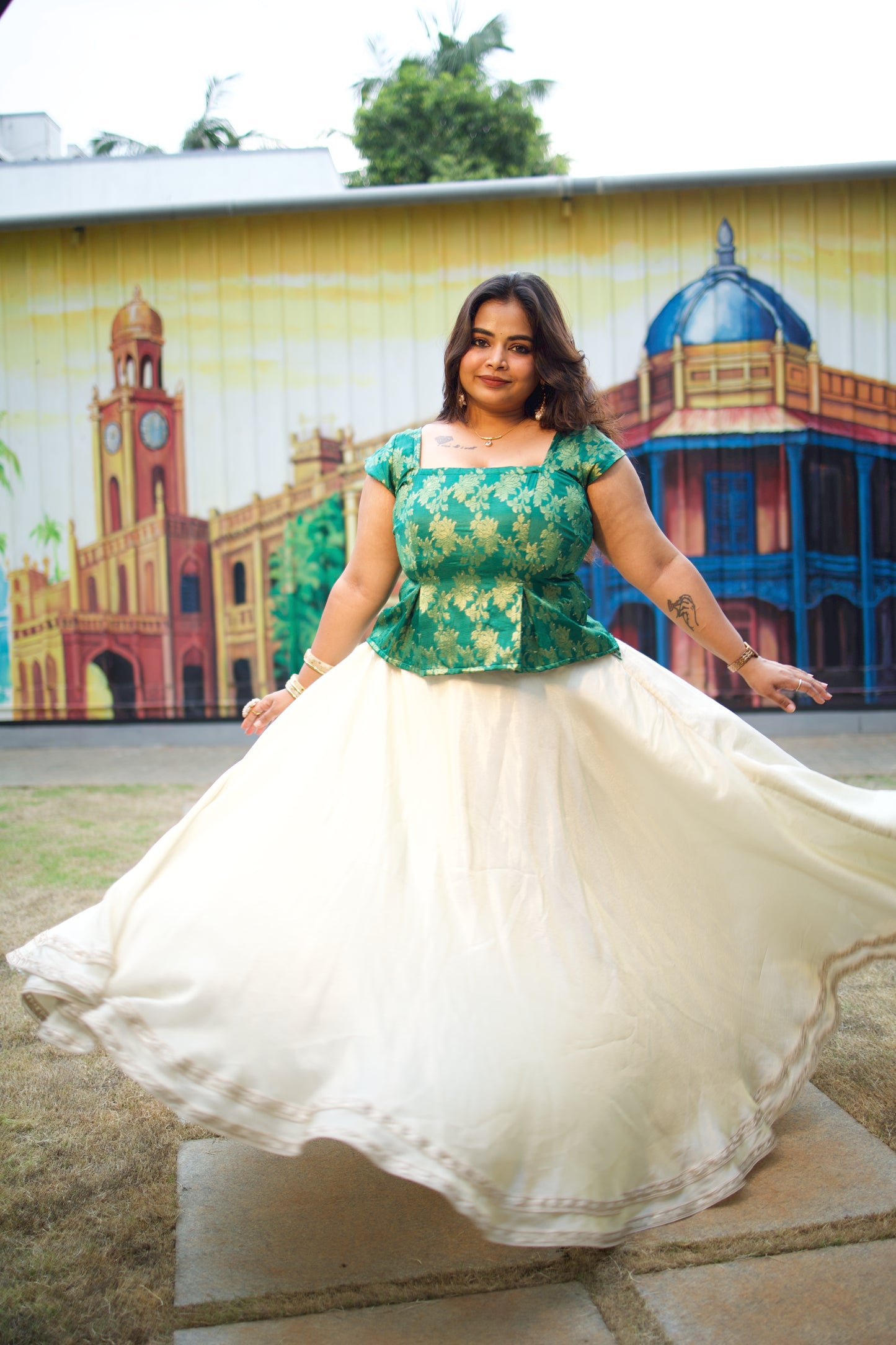 Veda - Green Brocade Peplum Top and Skirt Set