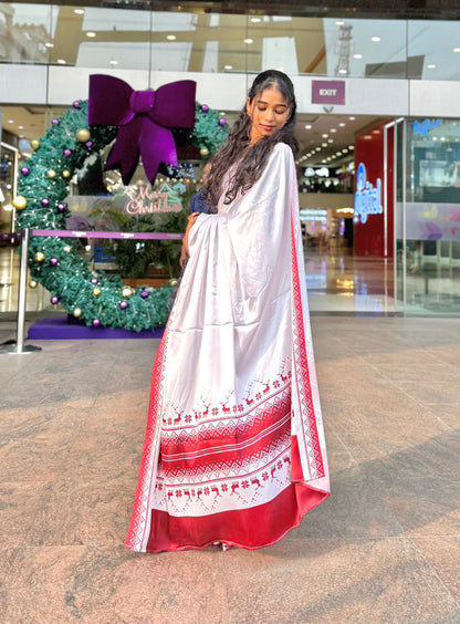 Noël Reindeer Royale – Premium Satin Christmas Saree