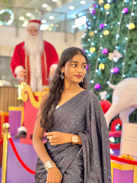 Starlit Noël Skyline – Premium Satin Christmas Saree