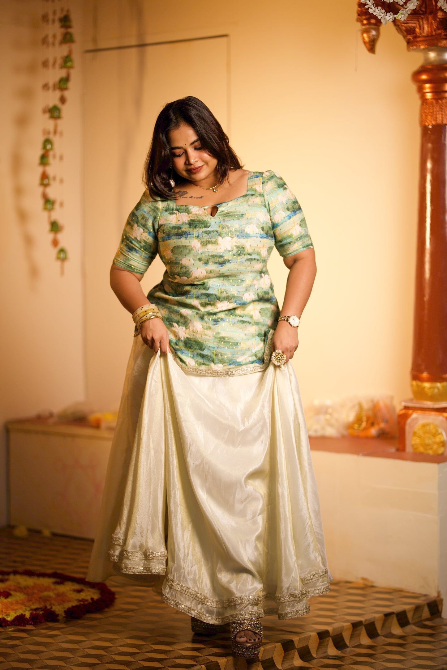 Ira - Green Floral Top and Skirt Set