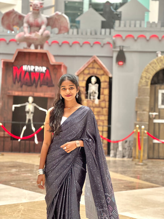 Starlit Noël Skyline – Premium Satin Christmas Saree