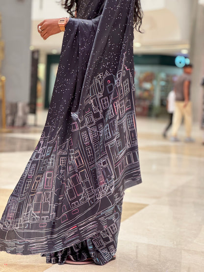 Starlit Noël Skyline – Premium Satin Christmas Saree