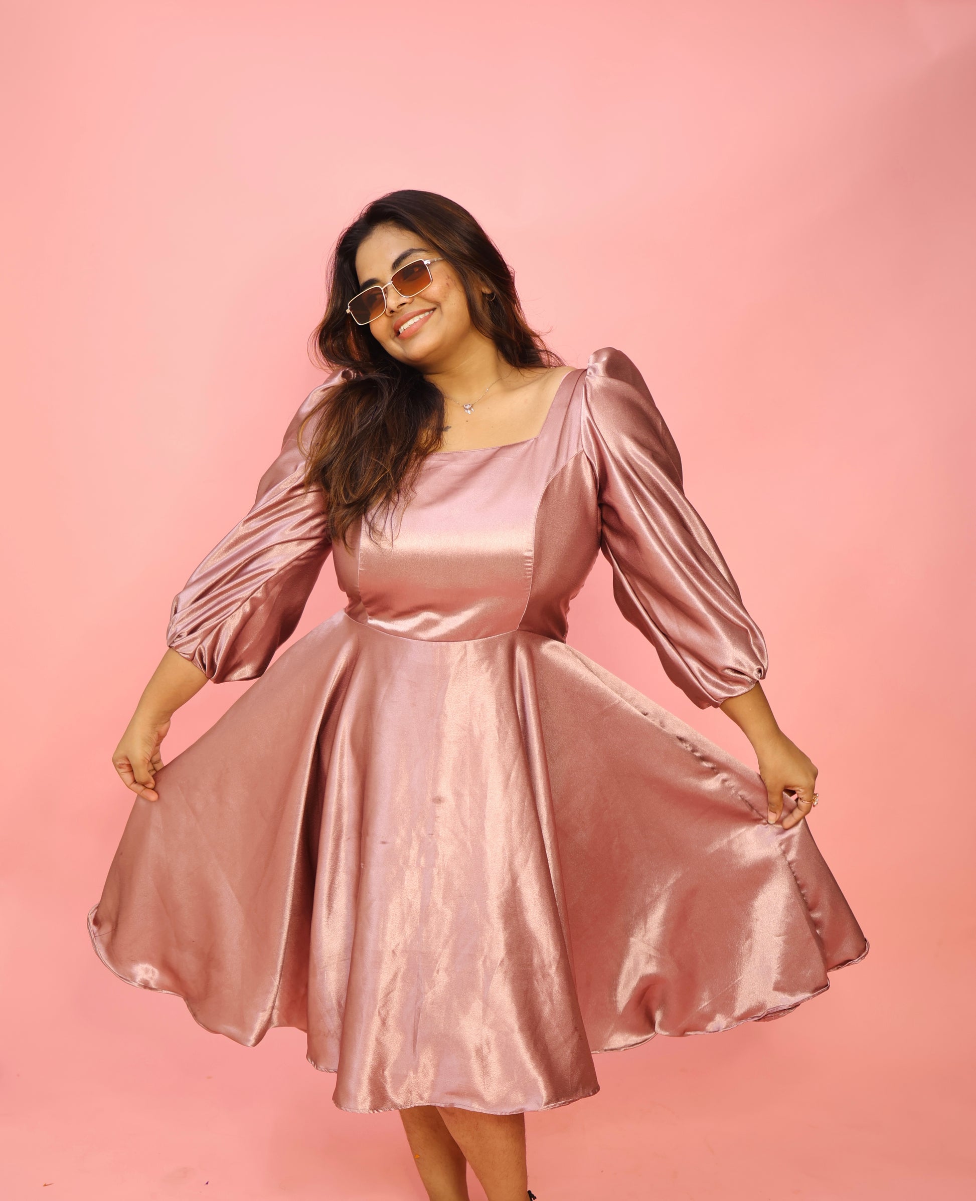 knee length satin dress Raaya